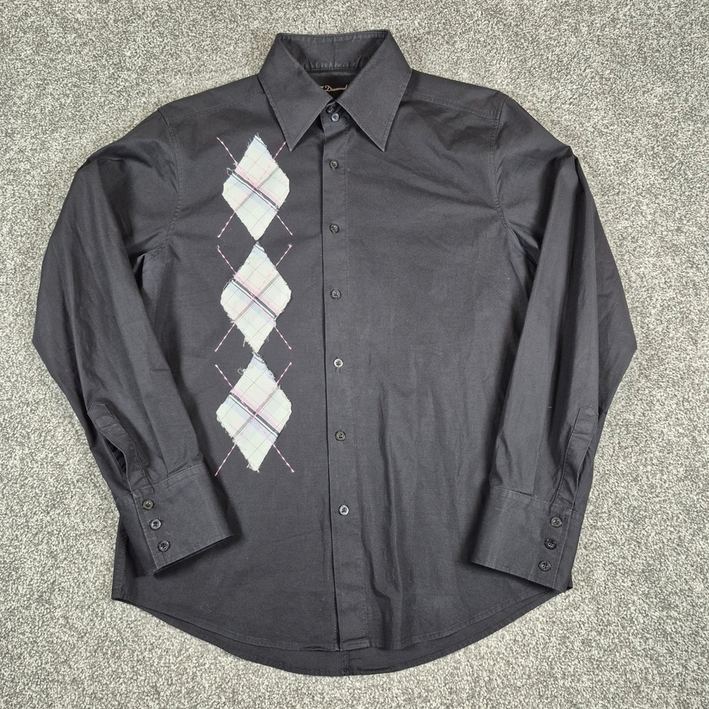 7 Diamonds Button Up Shirt Mens Large Black Argyle Long‎ Sleeve